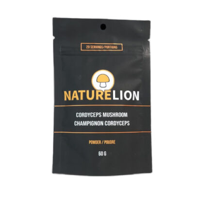 Front of a 60 gram package of Nature Lion Cordyceps Mushroom Powder